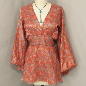 Vintage Bohemian Silk Blouse Angel Bell Sleeves Plunge Neck Tie Waist Colorful